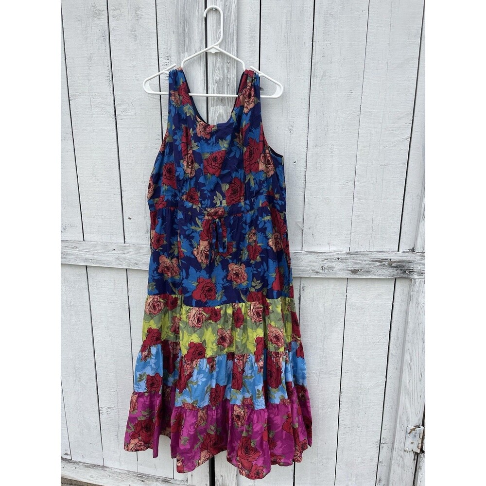 Woman Within Boho Rose Floral Ruffle Dress Women’s 22 Prairie Blue Green Pink